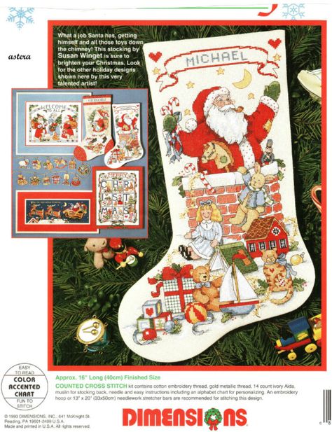 Dimensions 8437 Santa in the chimney stocking Santa In The Chimney, Cross Stitch Stocking, Christmas Stocking Kits, Cross Stitch Christmas Stockings, Stocking Designs, Vintage Needlework, Susan Winget, Christmas Stocking Pattern, Cross Stitch Christmas