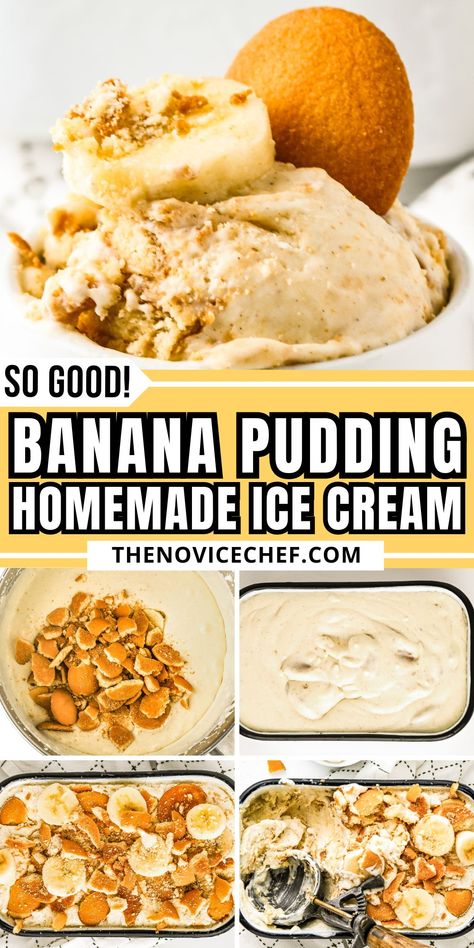 This rich and creamy banana pudding ice cream will be every banana-lover's go-to dessert. Loaded with fresh bananas, sweet vanilla wafers and cinnamon in each bite! Homemade Banana Pudding Ice Cream, Ice Cream Using Bananas, Banana Pudding Ice Cream No Churn, Banana Pudding Vanilla Wafer Dessert, Banana Pudding Dessert With Nilla Wafers, Banana Pudding Nilla Wafer Dessert, Pudding Ice Cream Recipe, Creamy Banana Pudding, Homemade Banana Ice Cream