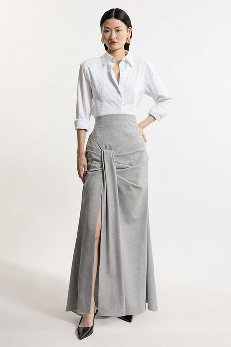 Petite Tailored High Waisted Draped Maxi Skirt | Karen Millen Fashion Library, Petite Wedding Guest Dresses, Plus Size Workwear, Christmas Day Outfit, Tailored Skirt, Leg Split, Petite Coat, Draped Skirt, High Waist Skirt