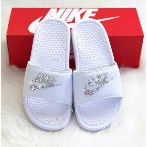 White Nike Low-top Sandals, Nike White Low-top Sandals, Custom Nike Slides, Nike Slide Sandals, Blue Slides, Swarovski Nike, Nike Slippers, Customized Shoes, Nike Sandals