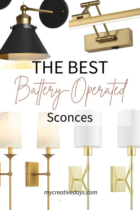 The Best Battery Operated Sconces - My Creative Days Wall Sconces No Wiring, Sconces No Wiring, Battery Operated Lights Wall Sconces, How To Style A Nightstand With Wall Sconces, Wireless Sconces Living Room, Non Hardwired Sconces, Tv Sconces Living Room, Fireplace Sconces Lighting Mantles, Sconces Above Nightstands