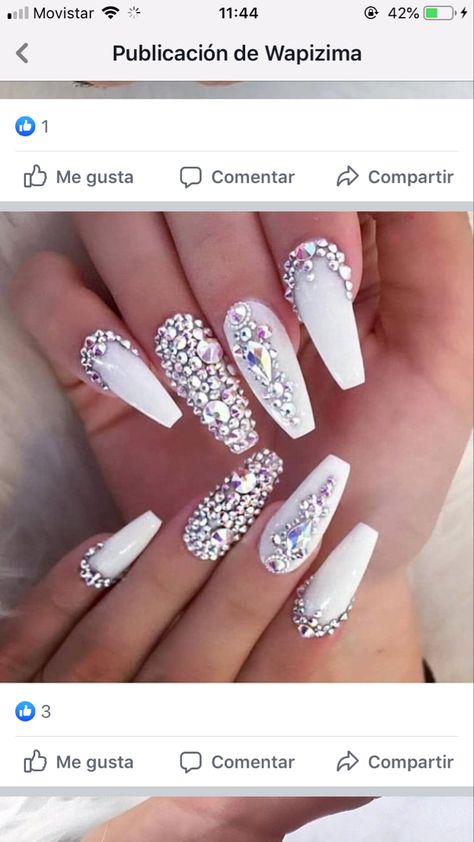 White Nails With Gems, Brown And White Nails, Nails With Gems, Diamond Nail Designs, Diamond Nail Art, Nail Goals, Natural Nail Designs, Watermelon Nails, Bridal Nail Art