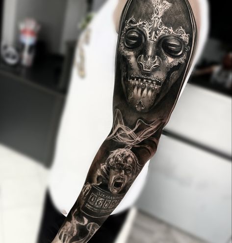 Black and grey realism tattoo harry potter themed Harry Potter Sleeve, Black And Grey Realism Tattoo, Tattoo Harry Potter, Black And Grey Realism, Grey Tattoo, Realism Tattoo, Black And Grey Tattoos, Realism, Digital Design