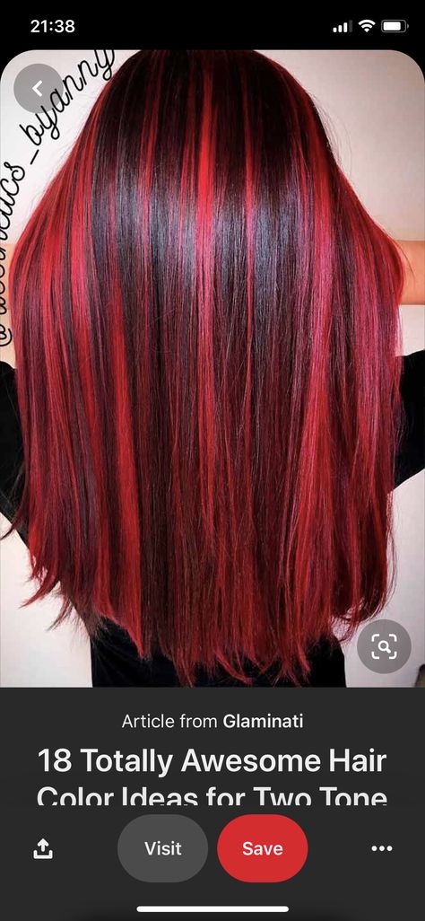 Bright Red Hair With Black Highlights, Black And Bright Red Hair, Brown Hair With Bright Red Highlights, Red Hair Black Lowlights, Red Hair Black Highlights, Bright Red Highlights In Brown Hair, Red Hair Black Roots, Peekaboo Hair Color Red, Chunky Highlights Red