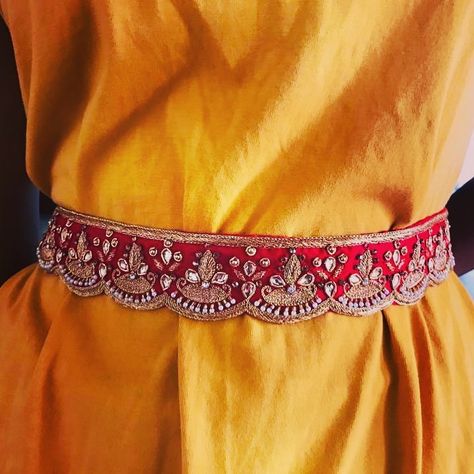 No automatic alt text available. Maggam Hip Belt For Saree, Saree Belt Designs Work, Maggam Work Belt Designs, Maggam Work Waist Belt Designs, Saree Belt, Saree Function, Hip Belts, Embroidery Belt, Saree With Belt