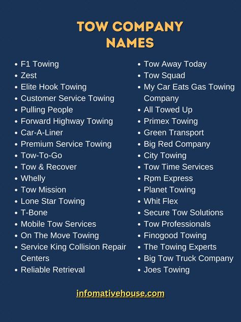 Funniest Tow Company Names Ideas For Business Tow Truck Business, Company Names Ideas, Unique Business Names, Plow Truck, Truck Names, Trucking Business, Towing Company, Truck Business, Towing Service