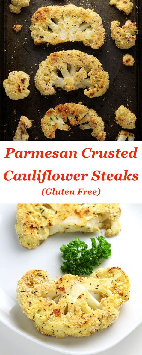 These Parmesan Crusted Cauliflower Steaks (gluten free) are so healthy and so delicious! I made this as a meal and it was so filling! Parmesan Crusted Cauliflower Steaks, Parmesan Crusted Cauliflower, Meals Gluten Free, Parmesan Cauliflower, Cauliflowers, Gluten Free Sides, Cauliflower Steaks, Easy Camping Meals, Parmesan Crusted