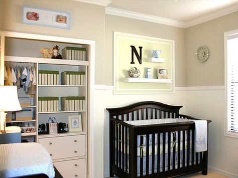 They turned this closet into a super organized bookcase/dresser/closet.  Baby Boy Nursery by girasoles19, via Flickr Nursery Chair Rail, Boy Nursery Design, Nursery Ideas Boy, Baby Nursery Ideas, Traditional Nursery, Baby Room Neutral, Baby Nursery Neutral, Baby Nursery Themes, Space Nursery