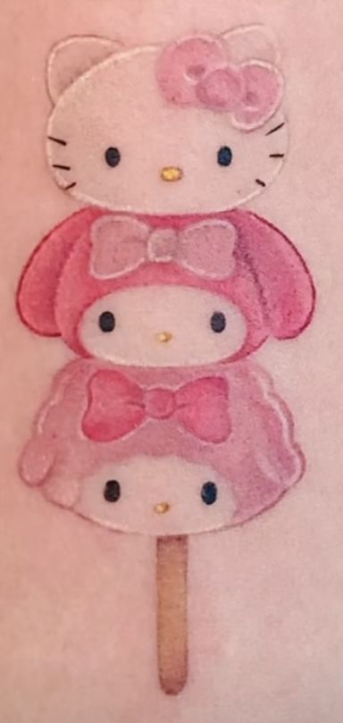 Hello Kitty And Mimi Tattoo, Mocha Sanrio Tattoo, Dango Tattoo, Matching Hello Kitty Tattoos, Pompompurin Tattoo, Sanrio Tattoo Ideas, Mlp Tattoo, My Melody Tattoo, Piano Tattoo