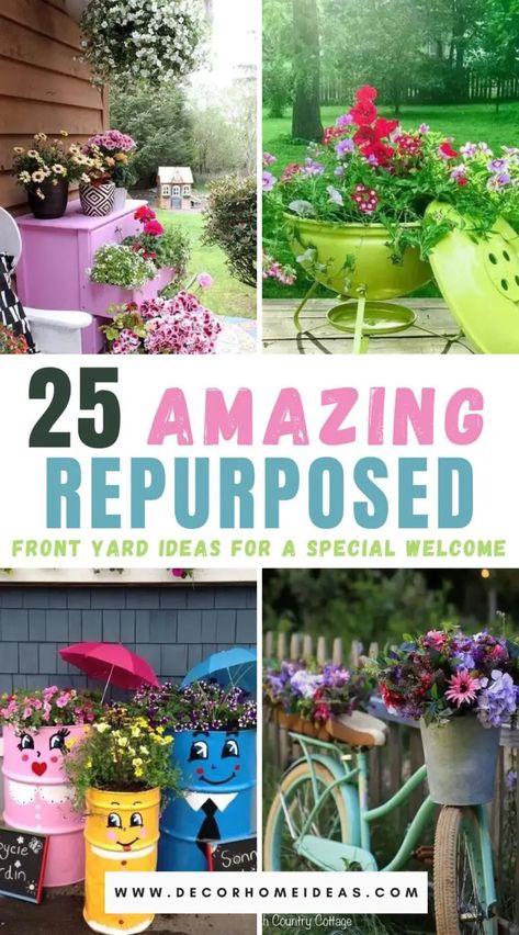 Transform your front yard with 25 creative and repurposed decorating ideas! Refresh your outdoor space with these unique and budget-friendly ideas. Wheelbarrow Decor, Yard Garden Design, Repurposed Planter, Front Yard Ideas, Wheelbarrow Planter, Unique Garden Decor, Wheelbarrow Garden, Front Yard Garden Design, Diy Outdoor Decor