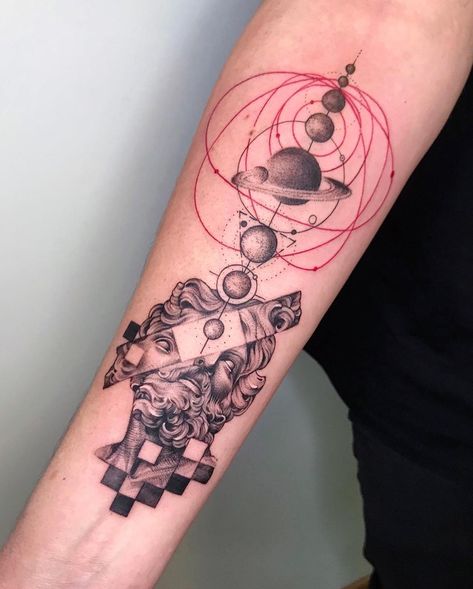 Tattoo Inspiration #humaninkstinct #tattoo #fineline #geometric Geometric Tattoo Ideas, Stammestattoo Designs, Tattoo Fine Line, Solar System Tattoo, Dove Tattoos, Fineline Tattoo, Sacred Geometry Tattoo, Geometry Tattoo, Geometric Tattoos