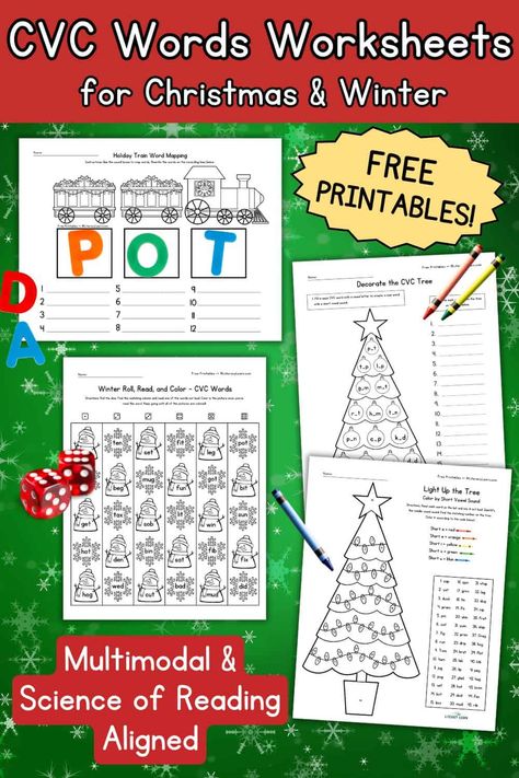 Get FREE printable holiday-themed Christmas worksheets for Kindergarten. They're no-prep, so simply print and kids will practice reading, writing, and building CVC words and short vowel sounds. The Science of Reading-aligned, multimodal worksheets are great for centers, small groups, or homework. Christmas Worksheets For Kindergarten, Cvc Worksheets Kindergarten, Christmas Reading Activities, Christmas Worksheets Kindergarten, Free Kindergarten Printables, Cvc Worksheets, Cvc Words Worksheets, Word Map, Short Vowel Words