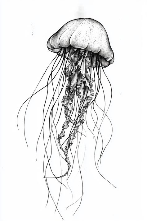 A tattoo sketch of a jellyfish with delicate, flowing details and intricate textures, designed for an ocean-inspired tattoo. Feminine Ocean Tattoos, Coastal Tattoo Ideas, Ocean Aesthetic Tattoo, Jellyfish Tattoo Design, Marine Life Tattoo, Sea Life Drawings, Tattoo Ideas Stencil, Jellyfish Sketch, Unique Jellyfish