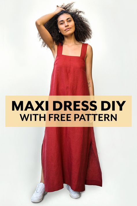 Womens Linen Dress Sewing Pattern, Jersey Maxi Dress Pattern, Free House Dress Pattern, Easy Maxi Dress Pattern Free, Empire Waist Sewing Pattern, How To Sew Maxi Dress, Easy No Pattern Dress, Peppermint Wide Strap Maxi Dress, Simple Long Dress Pattern