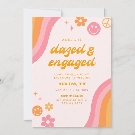 Dazed & Engaged Pink & Orange Bachelorette Weekend Invitation  Zazzle Pink Orange Bachelorette, Orange Bachelorette, Groovy Theme, Orange Invitation, Itinerary Invitation, Bachelorette Weekend Invitations, Pink Bachelorette, Bachelorette Invitation, Bachelorette Invitations