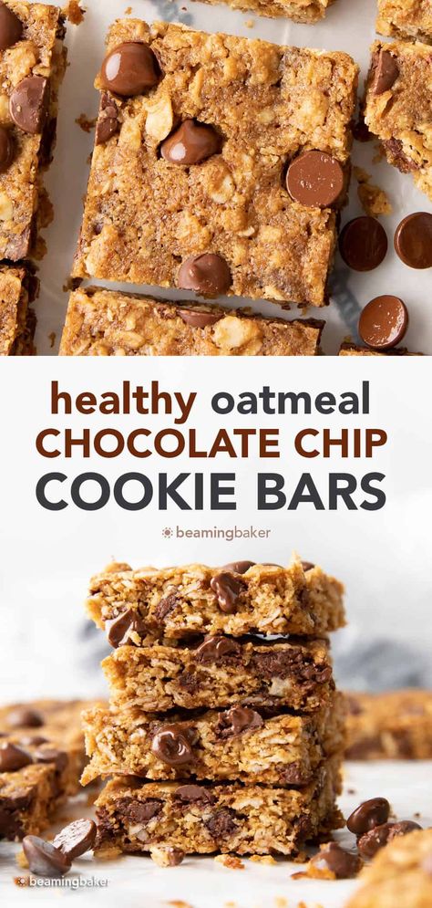 Crispy, chewy oatmeal chocolate chip cookie bars that are secretly healthy with mouthwatering texture from chewy oats and melty chocolate morsels. The best healthy oatmeal cookie bars! | Recipe at beamingbaker.com Oat Bars Healthy Low Calorie, Low Calorie Oatmeal Bars, Healthy Oatmeal Cookie Bars, Oatmeal Cookie Bars Recipes, Low Calorie Oatmeal, Oatmeal Chocolate Chip Cookie Bars, Chocolate Chip Oatmeal Cookies Healthy, Sugar Free Oatmeal, Oatmeal Bars Healthy