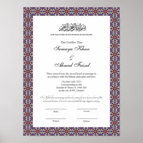 islamic style Islamic Marriage Certificate Poster Introducing our stunning Islamic Style Marriage Certificate, the perfect way to commemorate your special day and celebrate your love in a traditional and elegant manner. Crafted with intricate detail and design, this certificate is the perfect way to showcase your union as a couple in accordance with Islamic tradition. Marriage Certificate Display, Islamic Marriage Certificate, Islamic Marriage, Islamic Style, Marriage Certificate, Manners, Special Day, A Couple, Celebrities