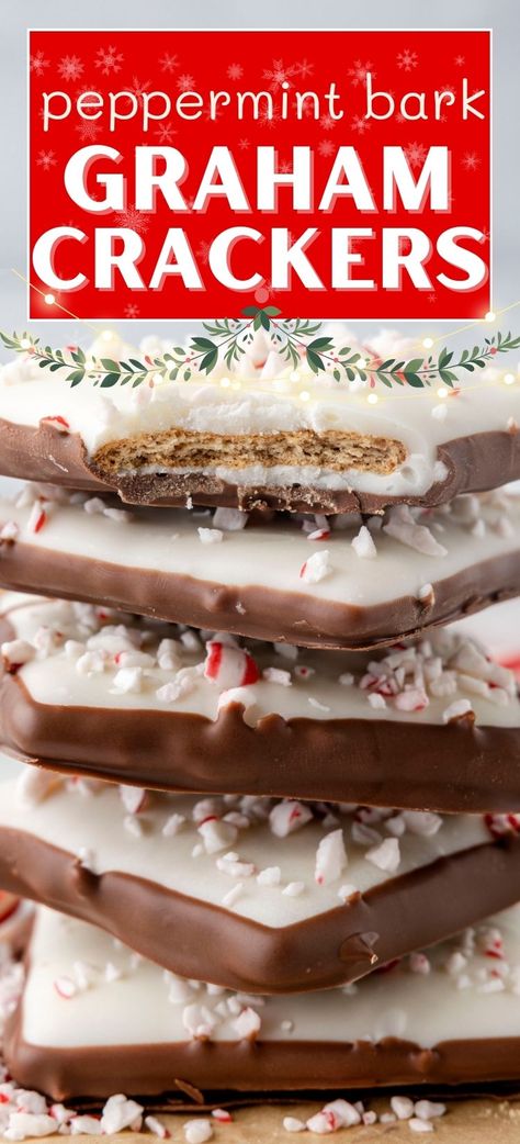 Peppermint Bark Graham Crackers are chocolate covered graham crackers in milk chocolate white chocolate, and then topped with crushed peppermint candy canes to resemble peppermint bark. This Christmas treat is easy to make with only 4 ingredients! Cracker And Chocolate Bark, Graham Cracker Chocolate Bark, Cracker Chocolate, Oreo Bark, Chocolate Covered Graham Crackers, Christmas Baking Recipes, Christmas Candy Recipes, Candy Recipes Homemade, Ingredient List