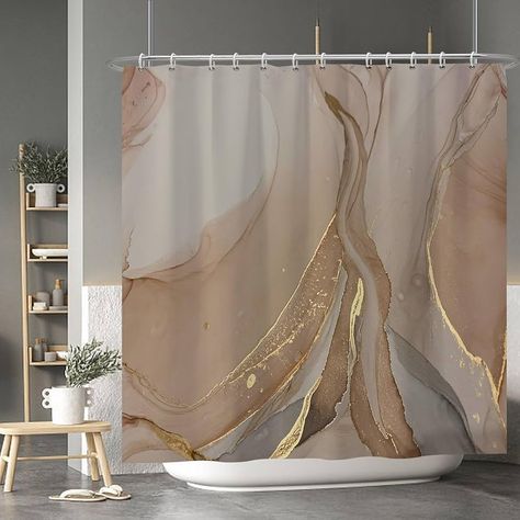 Shower Stall Curtain Ideas, Gold And Cream Bathroom, Nude Bathroom, Bathroom Decor Shower Curtains, Taupe Bathroom, Marble Shower Curtain, Curtains For Bathroom, Cream Bathroom, Bathroom Towel Decor