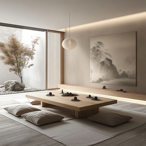 Embrace the peace and simplicity of a Zen-inspired living room. This minimalist space features natural elements like bamboo and a small indoor rock garden, perfect for creating a tranquil home environment. #ZenLiving #MinimalistDecor #AsianStyle #HomeDesign Zen Asian Interior Design, Zen Art Studio, Wabi Sabi Style Living Room, Asian Minimalist Home, Japanese Zen Room, Zen House Decor, Asian Zen Interior Design, Zen Office Space, Room Design Minimalist