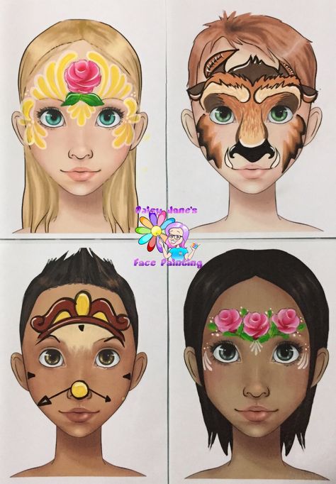 Face Paint Disney Princess, Face Painting Disney Characters, Aladdin Face Paint, Beauty And The Beast Face Paint, Disney Character Face Paint, Face Painting Chart, Face Paint Disney, Disney Face Paint, Minnie Mouse Face Painting