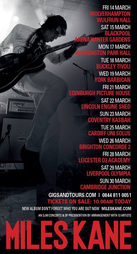 CONCERT POSTER - Miles Kane UK Tour 2014 (March/April) Cardiff Uni, Miles Kane, We Can Be Heroes, Indie Alt, Uk Tour, Alt Rock, Room Prints, Concert Poster, Wolverhampton