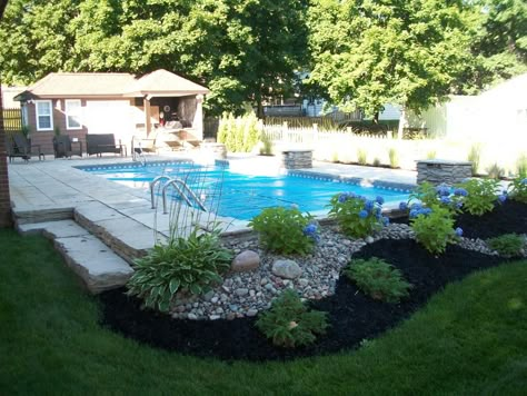 Landscaping Around Pool, Pool Landscape Ideas, Inground Pool Landscaping, Pool Plants, Simple Pool, Rectangle Pool, Pool Landscaping Ideas, Pools Backyard Inground, Pool Landscape Design