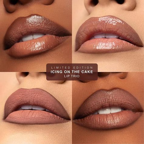 DOSE of COLORS on Instagram: ""Icing on the Cake" Lip Trio features 3 full-size lip products inspired by @makeupshayla ‘s signature nude lip combo🤍+ We added a little sparkle to take you from day to night effortlessly✨🥂#shaylaxdoseofcolors" Lip Liner Ideas, Liner Ideas, Nude Lip Combo, Nude Lip Makeup, Caramel Skin, Fall Lips, Glitter Lip Gloss, Brown Skin Makeup, Lip Combo