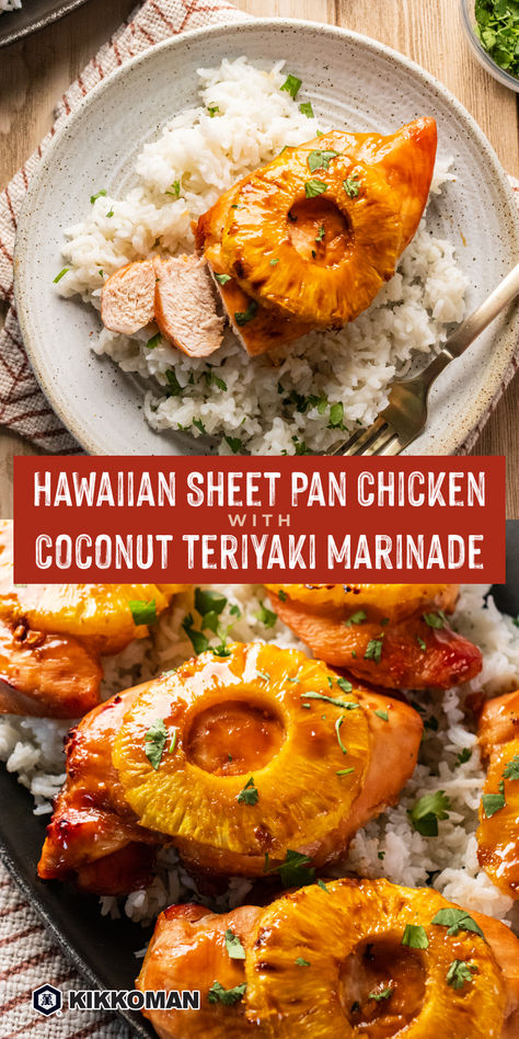 Transport your taste buds to the tropics with this Hawaiian Sheet Pan Chicken! Marinated in Kikkoman® Teriyaki Marinade & Sauce and coconut milk topped with caramelized pineapple, this delicious dish is served over rice and ready in just over an hour. Perfect for a flavorful and easy dinner! Sheet Pan Hawaiian Chicken, Summertime Meals Dinners, Hawaiian Sheet Pan Chicken, Hawaiian Dinners, Easy Healthy Summer Meals, Hawaiian Sheet Pan, Healthy Summer Dinner Ideas, August Meals, Caramelized Pineapple