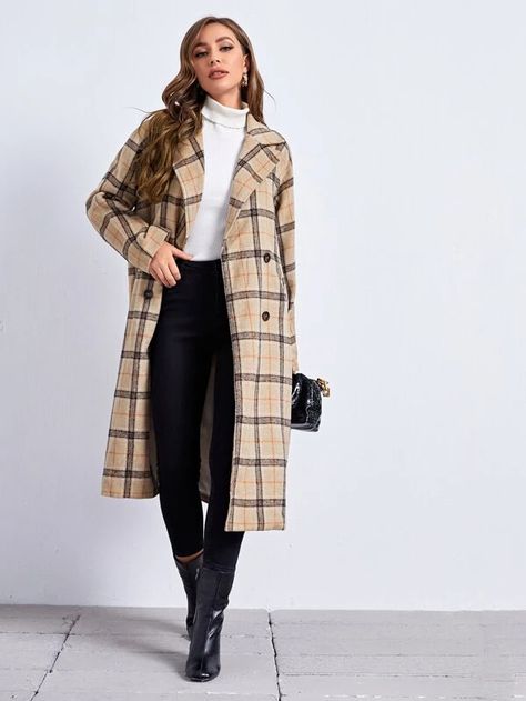 Notched Collar Double Breasted Plaid Pea Coat | SHEIN USA Peacoat Womens Outfit, Winter Dressy Outfits, Plaid Coat Outfit, Shacket Outfit, Plaid Trench Coat, Plaid Peacoat, Pea Coats Women, Women Overcoat, Plaid Coat