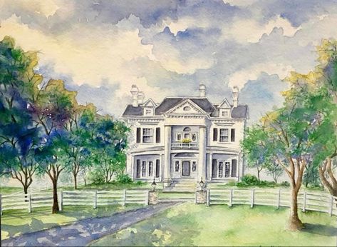 Good ol’ Southern home in Harrodsburg, KY #southernhome #southernplantation watercolor painting #watercolor #architecture Southern Branding, Southern Paintings, Southern Aesthetic, Antebellum South, Southern Mansions, Song Of The South, Writing Stories, Southern Artist, Southern Art