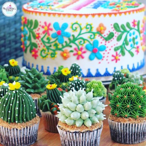 These succulent cupcakes complete the fiesta-themed party #fiestathemeparty #fiesta #fiestatheme #mexicancake #mexicanfiestatheme #mexicanfiestacake #mexicanembroiderycake #succulents #succulentcupcakes #grandrapids #grandrapidsmi Bridal Party Ideas Theme, Grandmas Cake, 40th Fiesta, Mexican Fiesta Cake, Bridal Party Ideas, Cactus Birthday, Succulent Theme, Mexican Quinceanera, Succulent Cupcakes