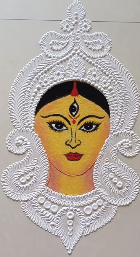 Kali Rangoli Designs, Durga Maa Rangoli Design, Figure Rangoli Design, Figure Rangoli, Diva Rangoli, Laxmi Ji Rangoli Designs, Navratri Rangoli Designs Latest, Navratri Rangoli Ideas, Dasra Rangoli Designs Latest