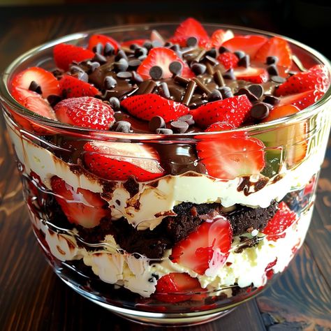 Strawberry Chocolate Brownie Trifle Strawberry Truffle Cake, Brownie Strawberry Trifle, Trifle Recipes Easy Simple, Brownie Layered Desserts, Trifle Desserts Mini, Strawberry Trifle Recipes, Truffle Desserts Layered, Brownie Trifle Recipes, Dessert Trifle Recipes