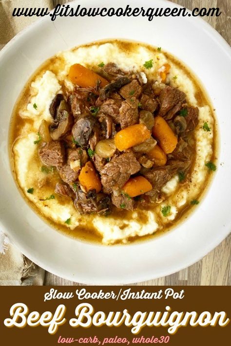 pinterest pin for Slow Cooker_Instant Pot Beef Bourguignon (Paleo,Whole30) Whole30 Beef, French Beef Stew, Fried Crab, Beef Bourguignon Recipe, Classic Pot Roast, Potted Beef, Comfort Food Recipes Dinners, Mashed Potato Recipes, Pot Roast Recipes