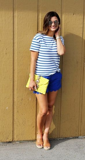 Royal Blue Shorts Outfit, Blue Shorts Outfit, Royal Blue Shorts, Shorts Outfits Women, Preppy Summer Outfits, Petite Tops, Summer Outfit Inspiration, Tees For Women, Fall Fashion Outfits