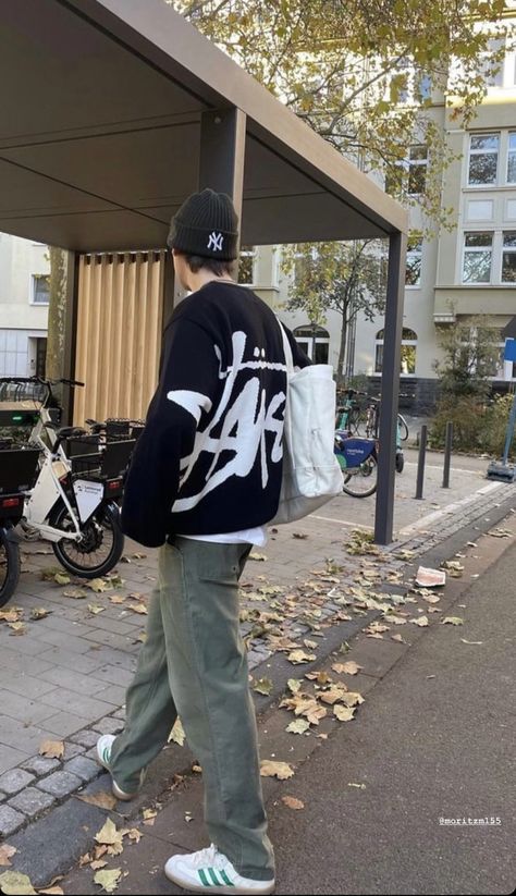 Stussy Outfit Men Street Styles, Stussy Sweater Outfit, Stussy Outfit Men, Stussy Knit, Stussy Outfit, Korea Fits, Stussy Sweater, Baggy Jeans Men, High Fade Haircut