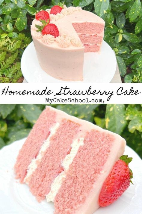 Light Strawberry Cake, Easy Homemade Strawberry Cake, Strawberry Wedding Cake Recipe, Homemade Layer Cake Recipes, Strawberry Layer Cake Recipe, Strawberry Velvet Cake, Strawberry Box Cake Recipes, Homemade Strawberry Cake From Scratch, Strawberry Cake Icing