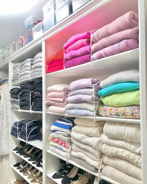 Stefanie Jones on Instagram: “Its 23° outside. Feels like 16°. I’m not sure there’s a sweater out there that could keep me warm on a day like today. But if there is, I’m…” Sweater Storage Ideas, Organize Sweaters, Sweater Organization, Tall Shelf, Folded Clothes, Tall Shelves, Sweater Storage, Study Decor, Shelf Dividers