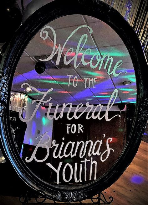 Custom Hand Lettered Welcome Sign on Vintage Mirror-Funeral for My Youth Birthday Party Dirty 30 Birthday Party, 30th Birthday Party Themes, 30th Birthday Ideas For Women, 40th Bday Ideas, 30th Bday Party, 30th Birthday Themes, 30th Birthday Bash, 39th Birthday, 20th Birthday Party