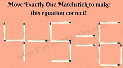 Move just one Matchstick to make a correct equation - brain teaser from funwithpuzzles       ...Answer:  Move the center matchstick of the 4 underneath the top left matchstick of the 4.  That will make '11.'  So:  11 - 5 = 6. Maths Puzzles For Class 4, Fun Games For Teens, Algebra Classroom, Reto Mental, Math Olympiad, Math Pictures, Math Riddles, Mathematical Equations, Math Puzzles