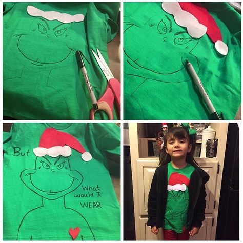 Make my princess a mr grinch shirt for school Grinch Dressup Ideas For School, Grinch Shirts Diy, Diy Grinch Outfit Kids, Grinch T Shirts Diy, Dress Like The Grinch For School, Grinch Day At School Costume, Grinch Shirt Diy, Grinch Dress Up Day At School, Grinch Shirts For Kids