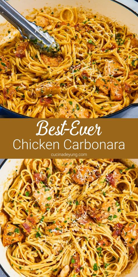 Best-Ever Chicken Carbonara Recipe (Best Pasta Recipes) Delicious Summer Meals, Foods To Make When Bored, Short Pasta Recipes, Linguine Recipes Chicken, Recipes For A Big Family, Top Recipes On Pinterest Most Popular, Fun Things To Cook For Dinner, Friends Dinner Ideas, Lite Dinner Ideas