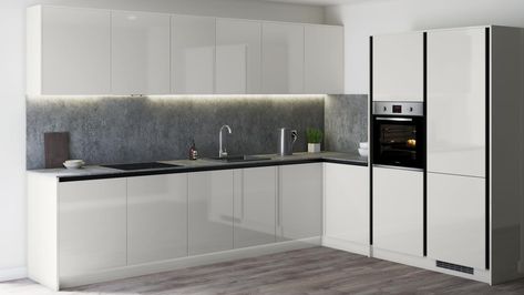 White Handleless Kitchen, Grey Gloss Kitchen, Gloss Kitchen Cabinets, White Gloss Kitchen, Kitchen Slab, Gloss Kitchen, Handleless Kitchen, White Modern Kitchen, Grey Kitchens