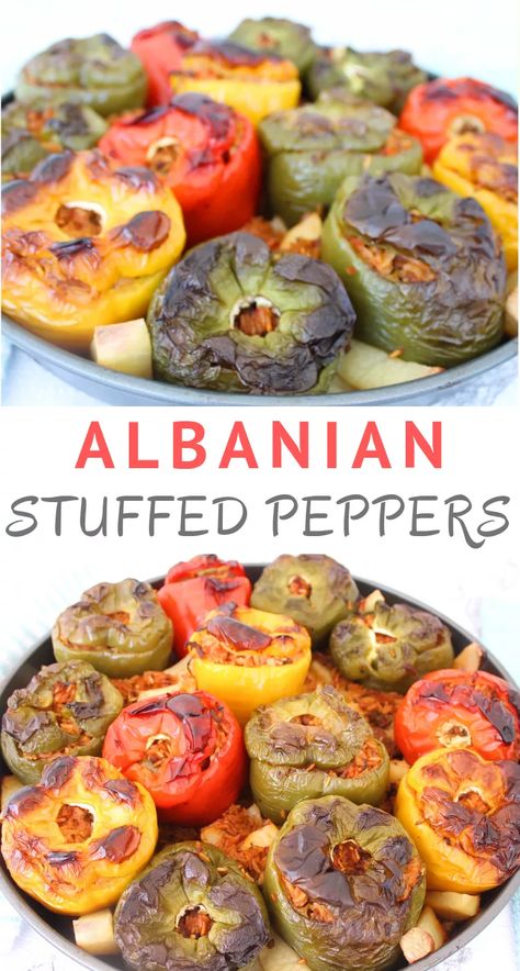 These Albanian stuffed peppers make for an amazing dinner casserole, perfect for family meals. #familymeal, #dinner, #stuffedpeppers, #albanianfood, #mediterraneanfood, #groundbeef, #casserole, #mediterraneanlatinloveaffair Albanian Dishes, Mediterranean Stuffed Peppers, Albanian Cuisine, Stuffed Veggies, Bell Peppers Stuffed, Albanian Food, Balkan Food, Albanian Recipes, College Food