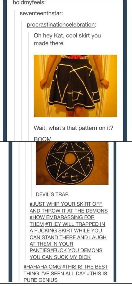 This is the supernatural fandom, people i want this skirt! Supernatural Crafts, Devils Trap, Supernatural Gifts, Supernatural Ships, Quotes Celebrities, Wallpapers Quotes, Supernatural Memes, Memes Video, Supernatural Funny