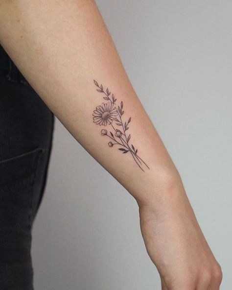 Side Wrist Floral Tattoo, Fine Line Single Flower Tattoo, Flower Couple Tattoos, Flower Tattoos For Women Forearm, Upper Arm Flower Tattoos For Women, Forearm Flower Tattoo Women, Rose And Daisy Tattoo, Just Breathe Tattoos For Women, Flower Tattoo Forearm