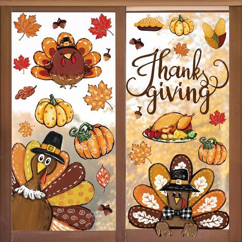 PRICES MAY VARY. THE PACKAGE INCLUDES: You will receive 6 sheets window clings, a total of 54pcs, each sheet measures about 20 x 30 cm/7.9 x 11.8 inch, sufficient quantity can meet your different needs for decoration. ABUNDANT DESIGN: Featuring fall Thanksgiving theme, patterned with turkey, leaves, pumpkin, etc, printed with the words of Thanksgiving, exquisite and attractive, adding a lot fun to the fall season. DOUBLE SIDED PRINTING: With a double-sided design, you can evidently see the patte Thanksgiving Hallway Decorations, Thanksgiving Decorations For Office, Thanksgiving Office Decorations, Thanksgiving Window Decorations, Fall Office Decor Work, Thanksgiving Door Decorations, Turkey Decor, Turkey Pumpkin, Work Office Decor