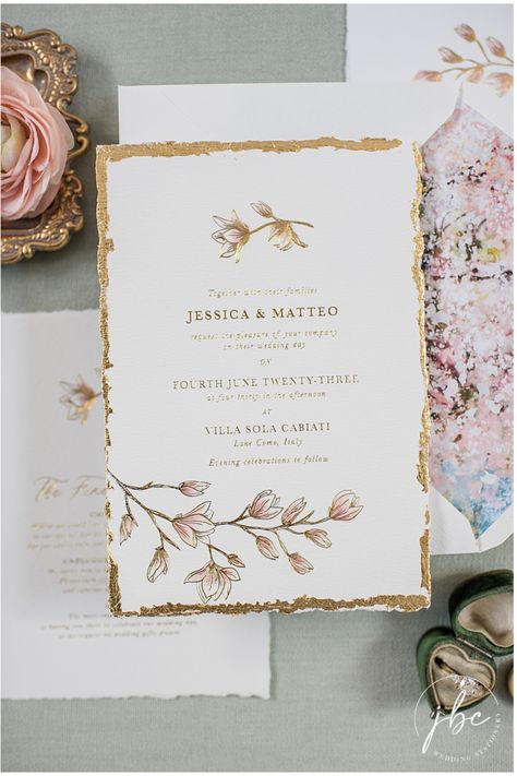 Beautiful Magnolia design wedding invitation all hand pressed gold foil with gold edges and blossom envelope liner. Perfect for a spring wedding or summer wedding. Luxury elegant wedding stationery suite. Envelope Liner With Gold Foil, Gold Foil Save The Dates, Gold Foil Leaf Wedding Invitations, Wedding Invitations Gold Foil, Gold Foil Garden Wedding Invitations, Pink Wedding Stationery, Elegant Wedding Stationery, Gold Foil Wedding Invitations, Magnolia Design