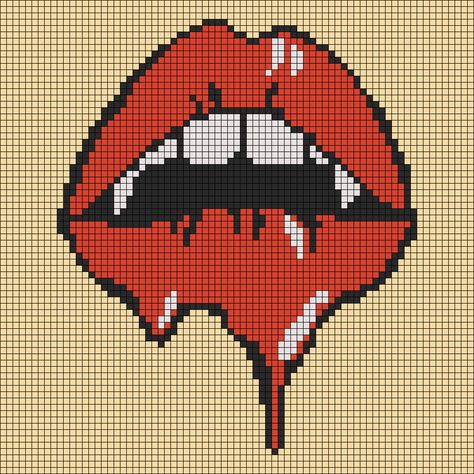 Crochet Grid Patterns Horror, Scream Alpha Pattern, Horror Grid Pattern, Halloween Grid Pattern, Alpha Pattern Halloween, Halloween Alpha Pattern, Gothic Pixel Art, Pixel Art Halloween, Vampire Mouth